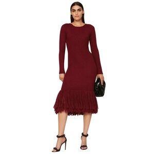 Marina Moscone Red‎ Knit Sweater Dress Fringe Trim Long Sleeve Midi S